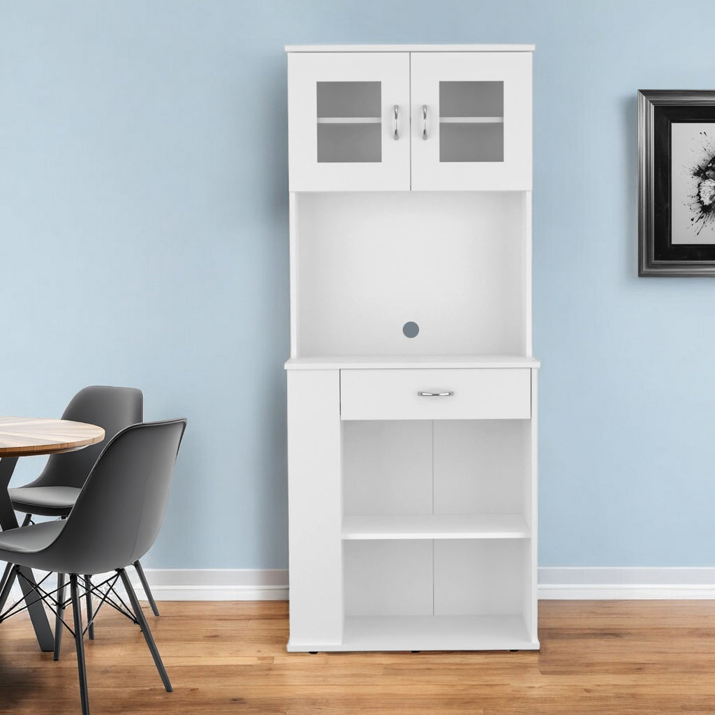 67" White Pantry Cabinet with Two Door Panels and Side Open Shelves