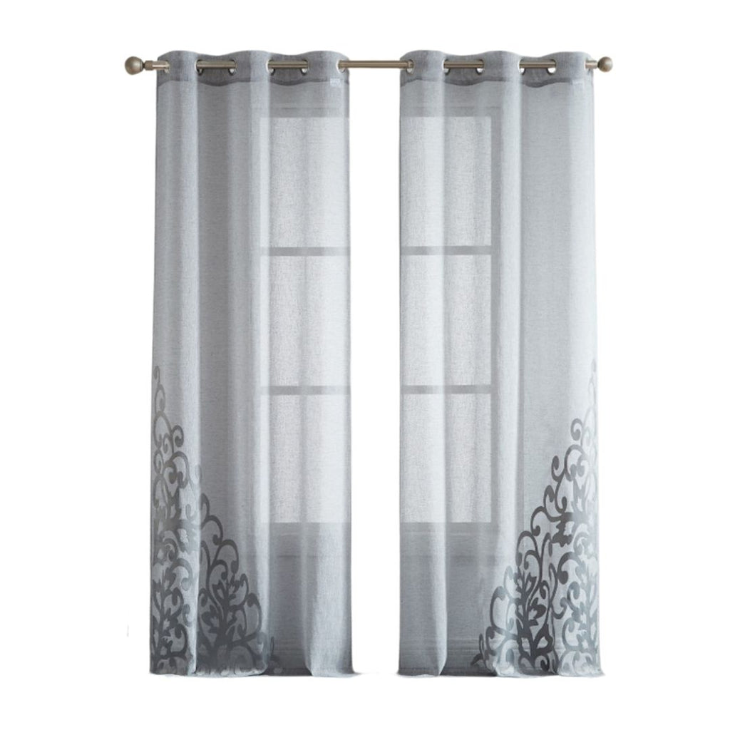 LuxxHomes  Set of Two 84"  Silver Velvet Applique Window Panels