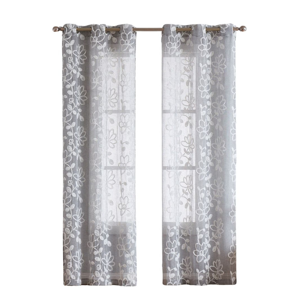 LuxxHomes  Set of Two 84"  Silver Floral Embroidered Window Panels