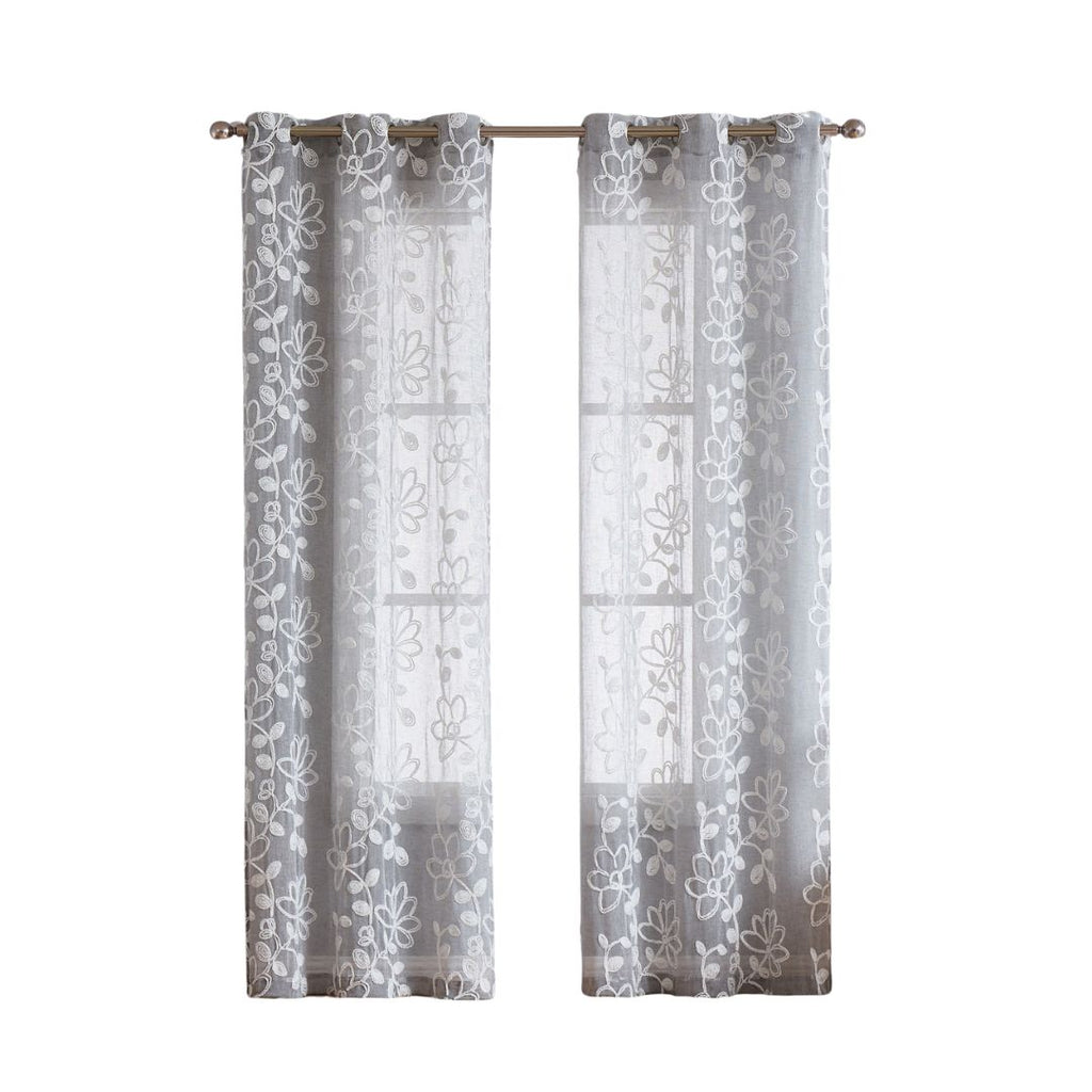 LuxxHomes  Set of Two 96"  Silver Floral Embroidered Window Panels