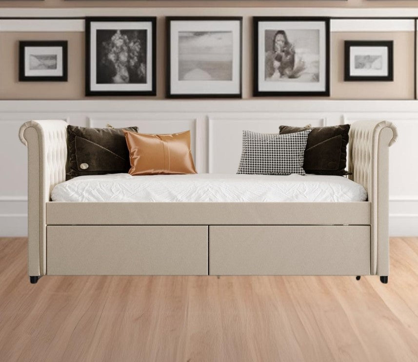 LuxxHomes  Twin Tufted Beige Upholstered Polyester Blend Bed