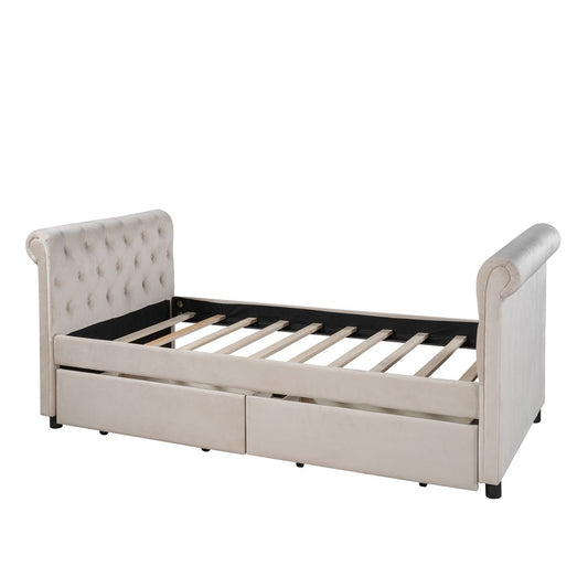 LuxxHomes  Twin Tufted Beige Upholstered Polyester Blend Bed