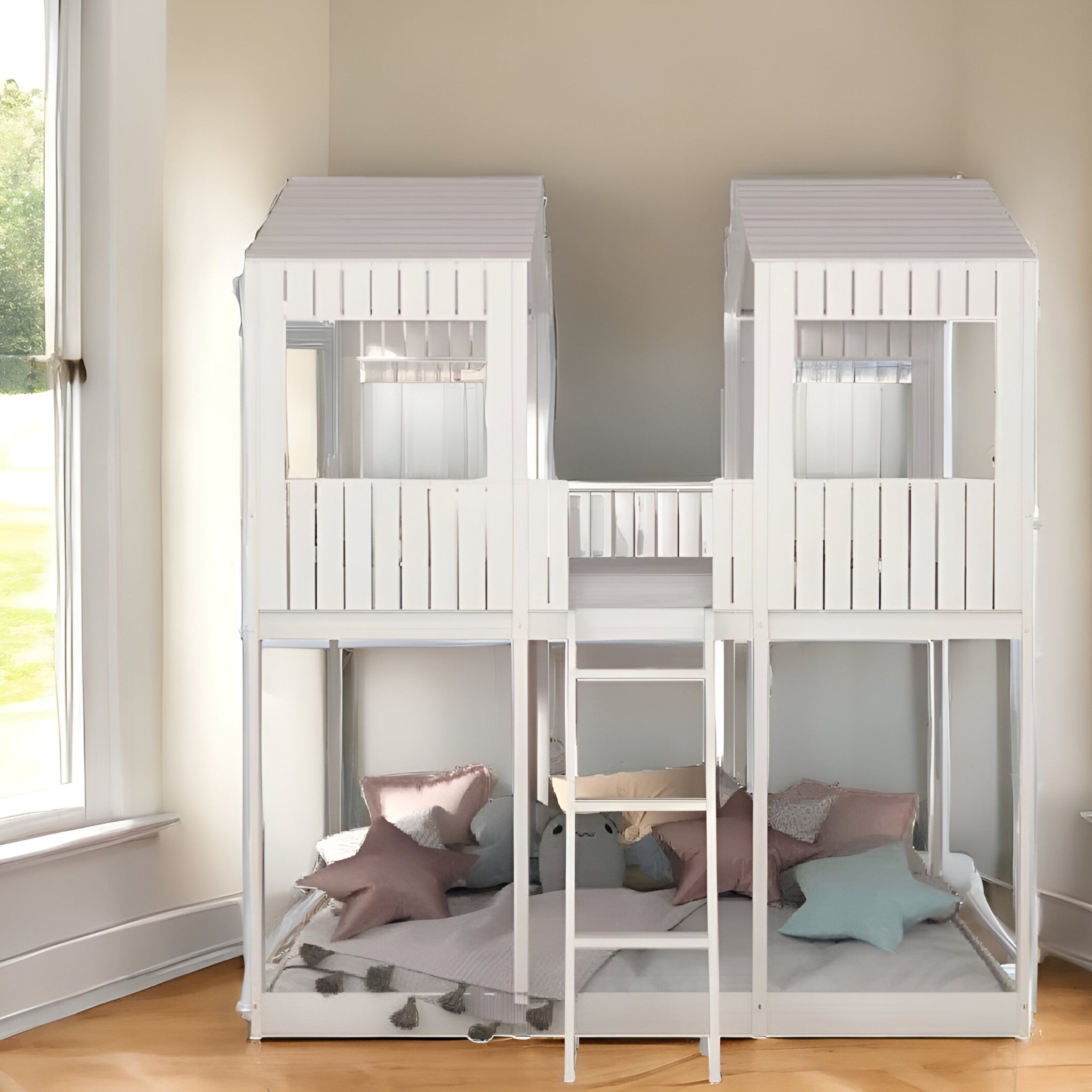 LuxxHomes  White Twin Contemporary Manufactured Wood + Solid Wood Bunk Bed