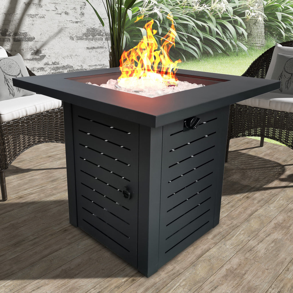 LuxxHomes  Black Slatted Metal Square Fire Pit with Glass Rocks