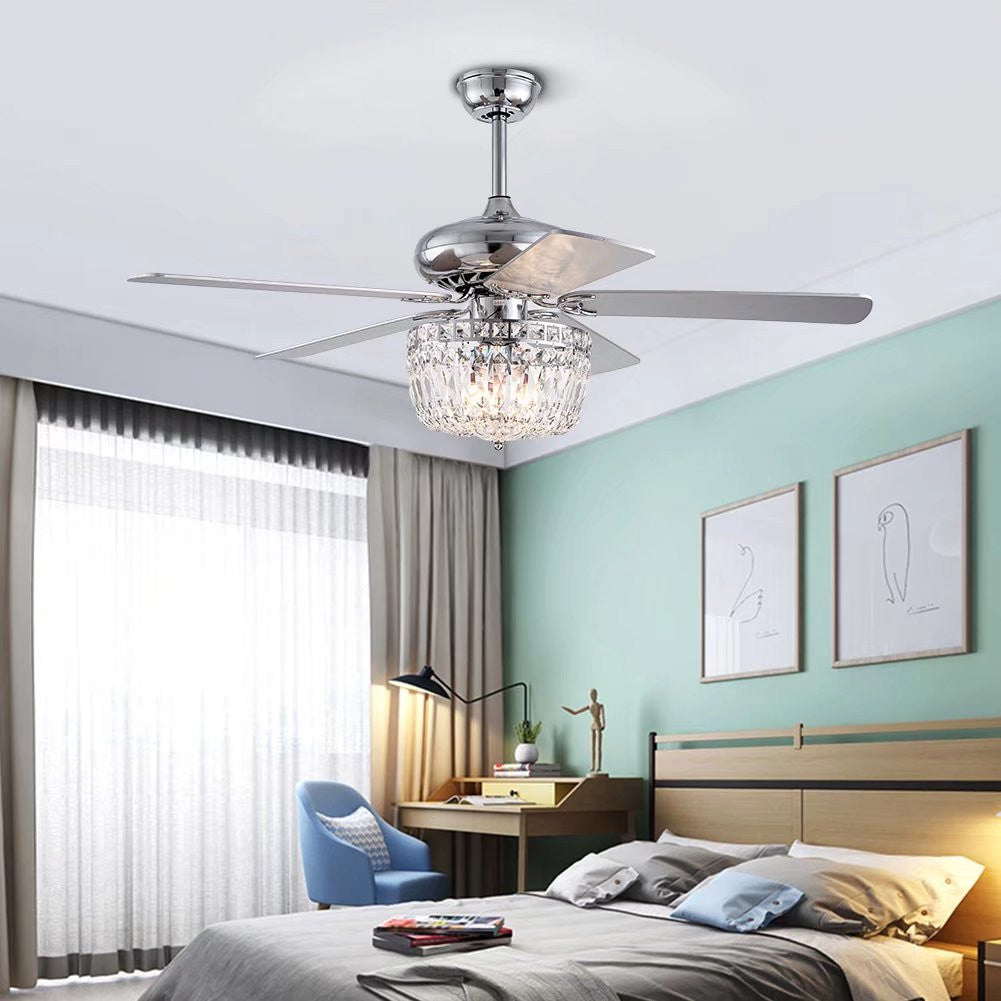 Silver And Faux Crystal Mod Chandelier Ceiling Fan