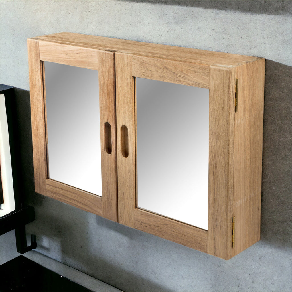 Traditional Solid Teak Double Door Mirrored Medicine Cabinet