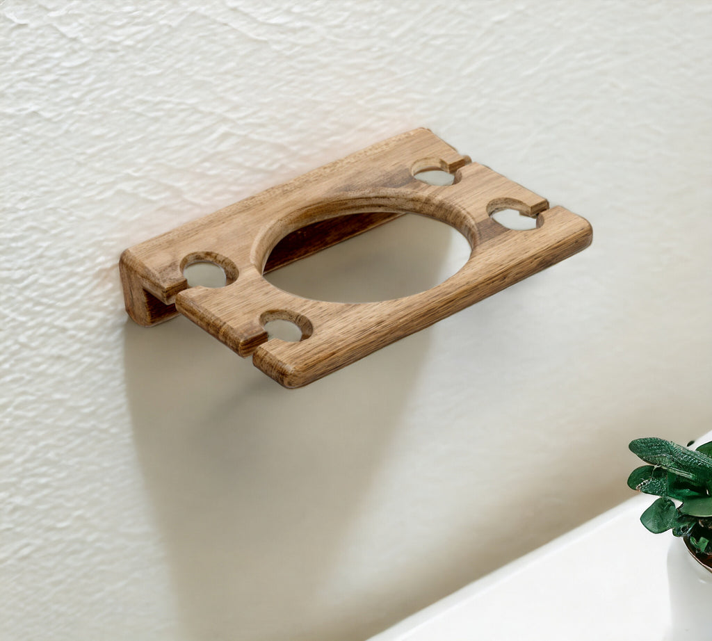 LuxxHomes  Traditional Solid Teak Wall Mount Cup and Toothbrush Holder