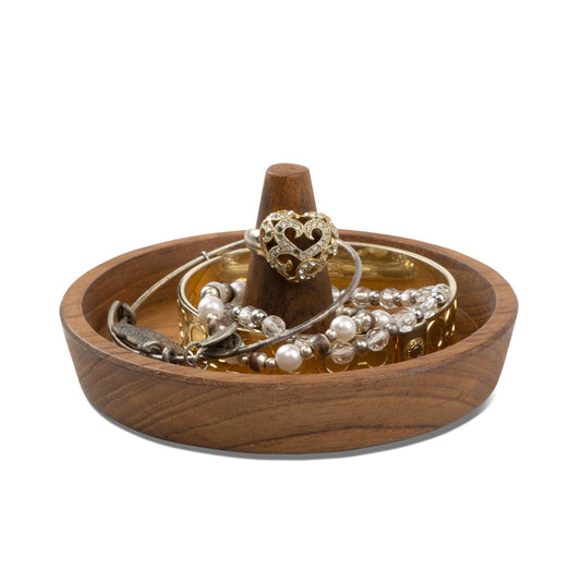 LuxxHomes  Traditional Solid Teak Ring Cone Jewelry Dish