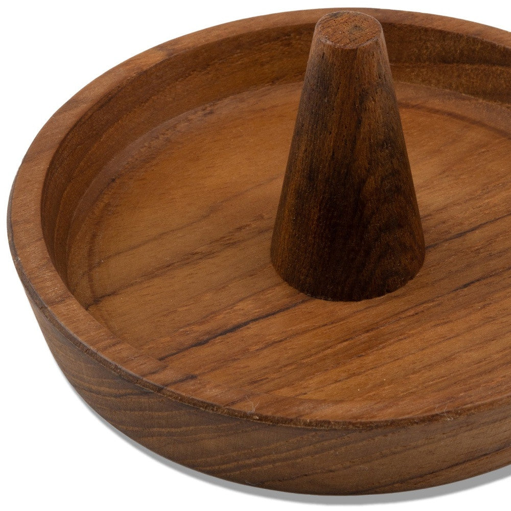 LuxxHomes  Traditional Solid Teak Ring Cone Jewelry Dish