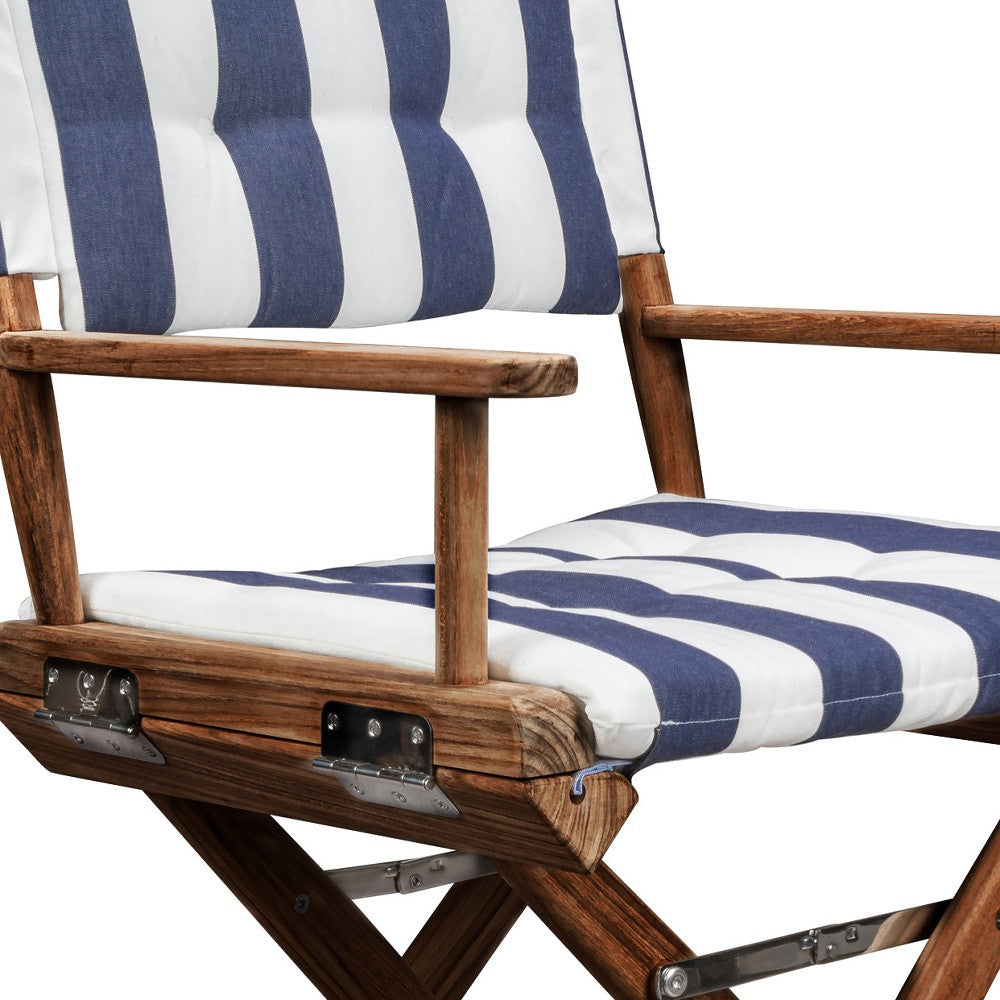 23" Blue and White and Natural Wood Solid Wood Indoor Outdoor Director Chair with Blue and White Cushion