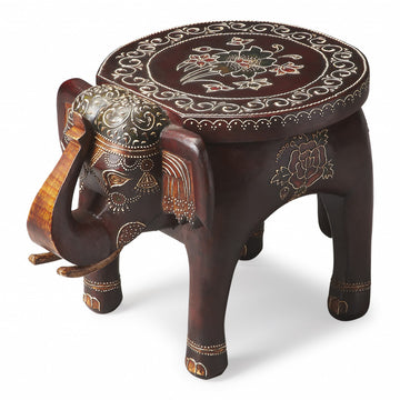 15" Warm Brown Hand Painted Floral 3D Elephant End Table