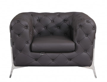 Glam Espresso Brown and Chrome Tufted Leather Armchair