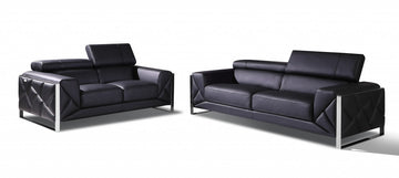 Two Piece Indoor Black Italian Leather Five Person Seating Set