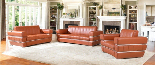 LuxxHomes  Three Piece Indoor Camel Italian Leather Six Person Seating Set