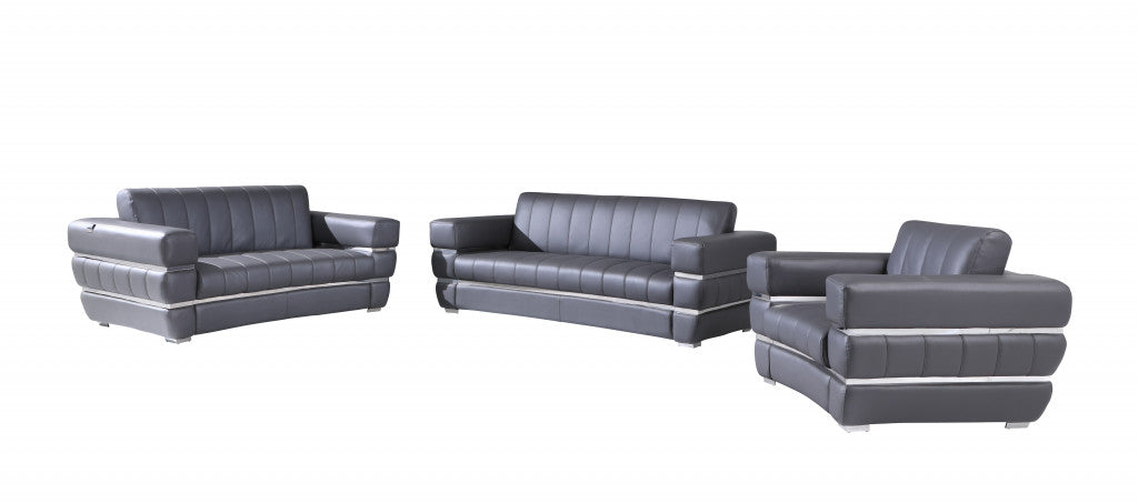 LuxxHomes  Three Piece Indoor Dark Gray Italian Leather Six Person Seating Set