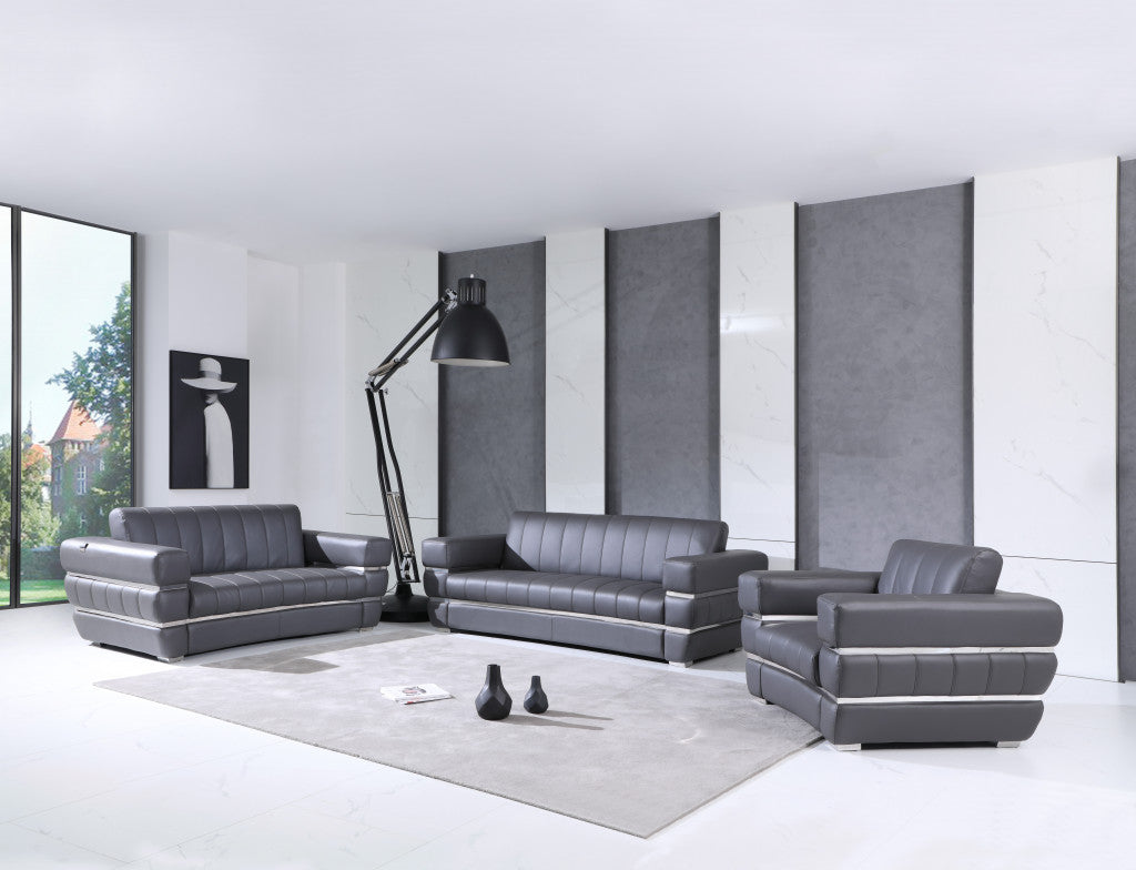 LuxxHomes  Three Piece Indoor Dark Gray Italian Leather Six Person Seating Set