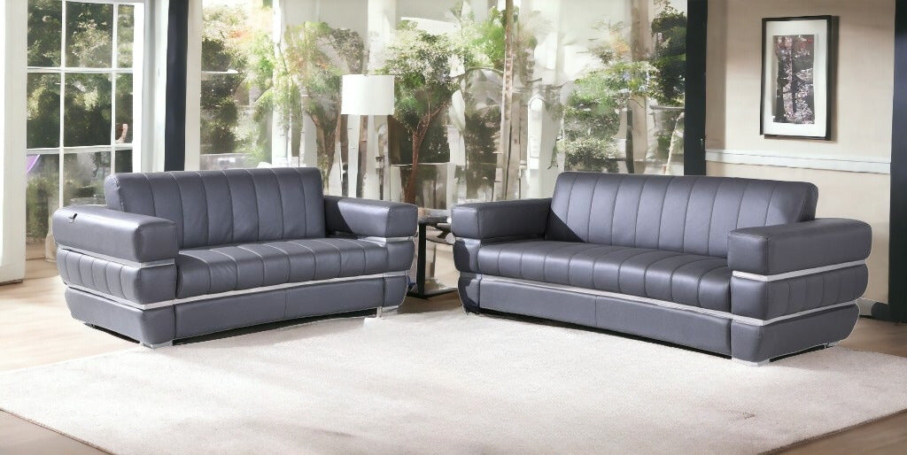 LuxxHomes  Two Piece Indoor Dark Gray Italian Leather Five Person Seating Set