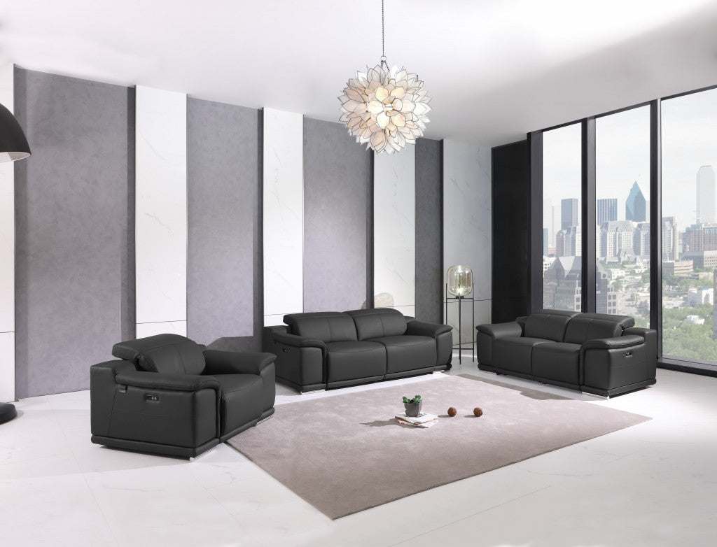 LuxxHomes  Three Piece Indoor Dark Gray Italian Leather Six Person Seating Set