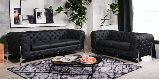 LuxxHomes  Two Piece Indoor Black Italian Leather Five Person Seating Set