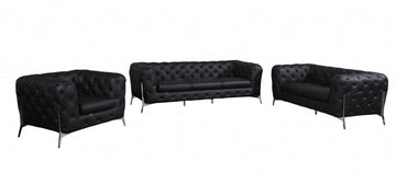 LuxxHomes  Three Piece Indoor Black Italian Leather Six Person Seating Set