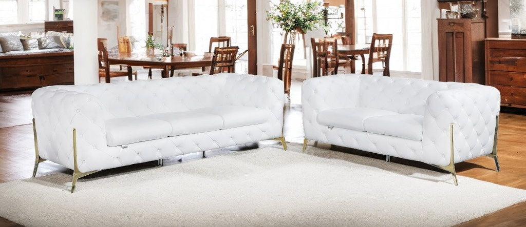 LuxxHomes  Two Piece Indoor White Italian Leather Five Person Seating Set