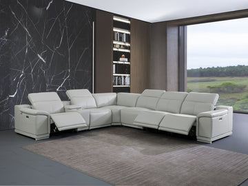 Light Gray Italian Leather Power Reclining U Shaped Seven Piece Corner Sectional With Console