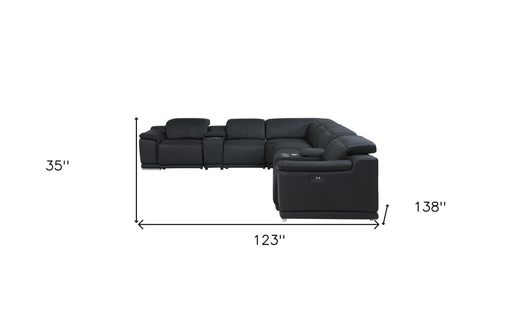 Black Italian Leather Power Reclining U Shaped Eight Piece Corner Sectional With Console