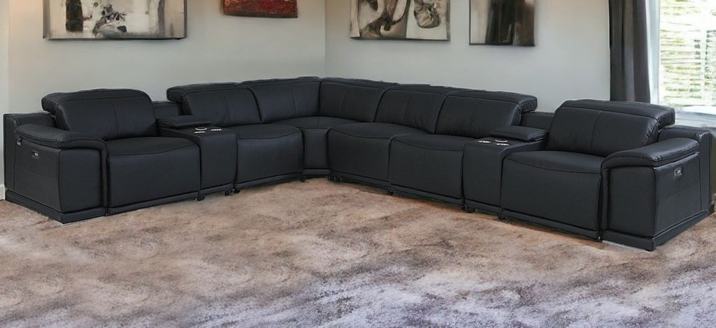 Black Italian Leather Power Reclining U Shaped Eight Piece Corner Sectional With Console