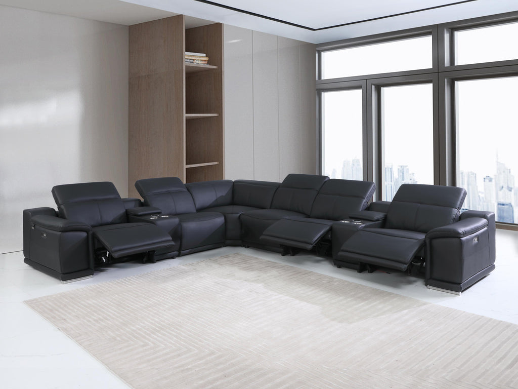 Black Italian Leather Power Reclining U Shaped Eight Piece Corner Sectional With Console