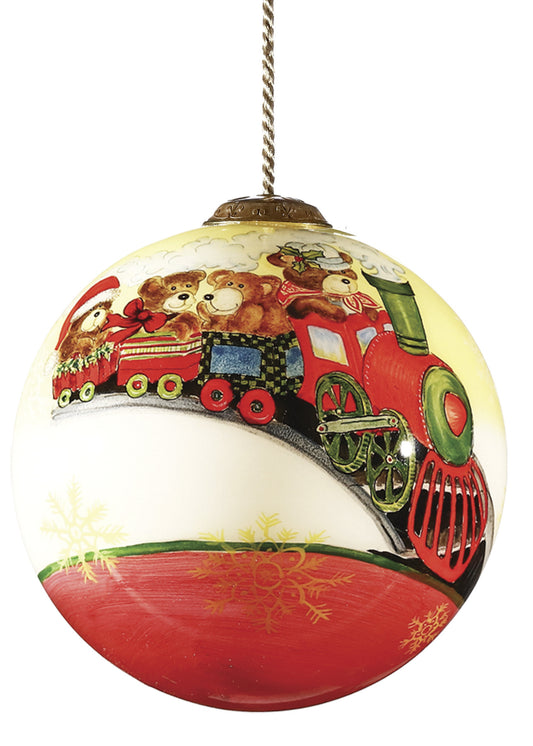 Teddy on Toy Train Hand Painted Mouth Blown Glass Ornament