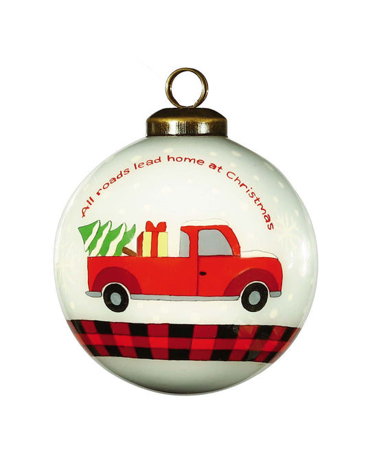 LuxxHomes  Red Pickup Truck with Presents Hand Painted Mouth Blown Glass Ornament