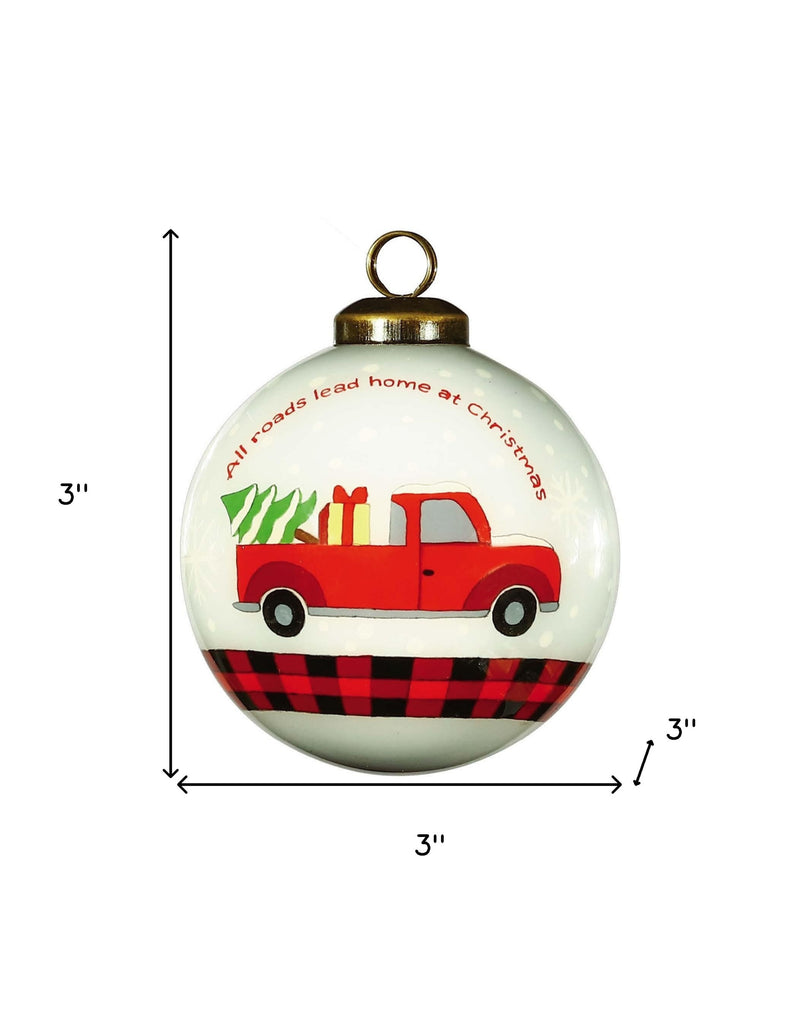 LuxxHomes  Red Pickup Truck with Presents Hand Painted Mouth Blown Glass Ornament