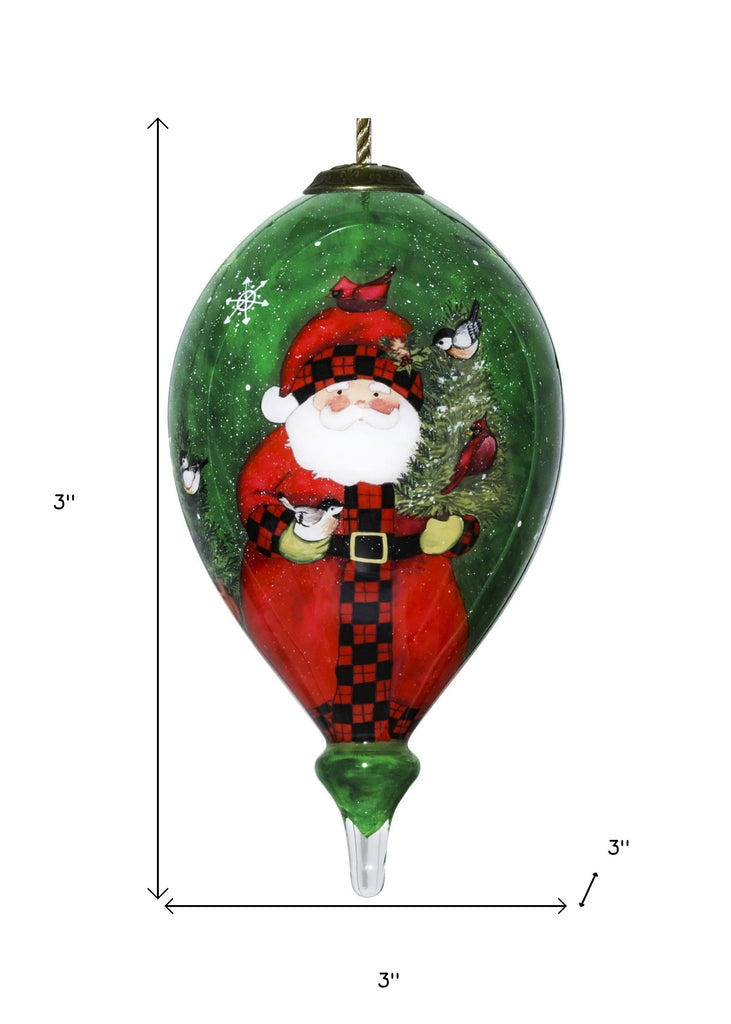 Green Plaid Santa Hand Painted Mouth Blown Glass Ornament