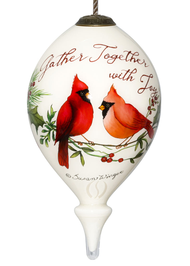 LuxxHomes  Gather Together With Joy Cardinals Hand Painted Mouth Blown Glass Ornament