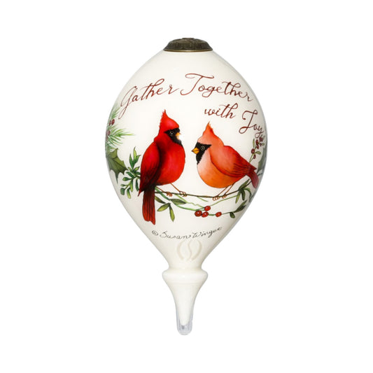 LuxxHomes  Gather Together With Joy Cardinals Hand Painted Mouth Blown Glass Ornament