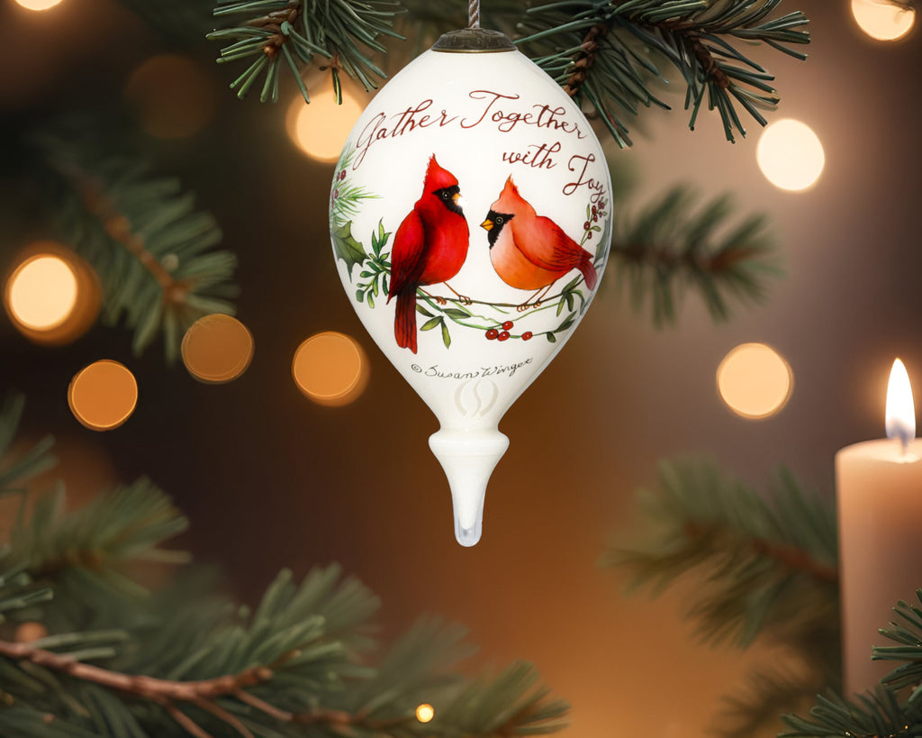 LuxxHomes  Gather Together With Joy Cardinals Hand Painted Mouth Blown Glass Ornament