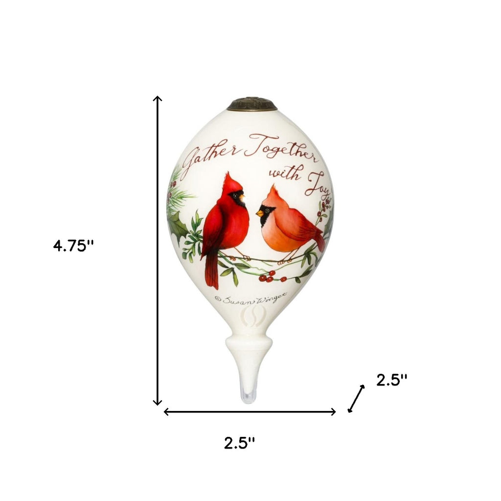 LuxxHomes  Gather Together With Joy Cardinals Hand Painted Mouth Blown Glass Ornament