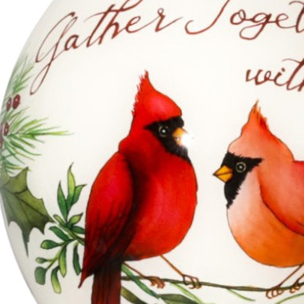 LuxxHomes  Gather Together With Joy Cardinals Hand Painted Mouth Blown Glass Ornament