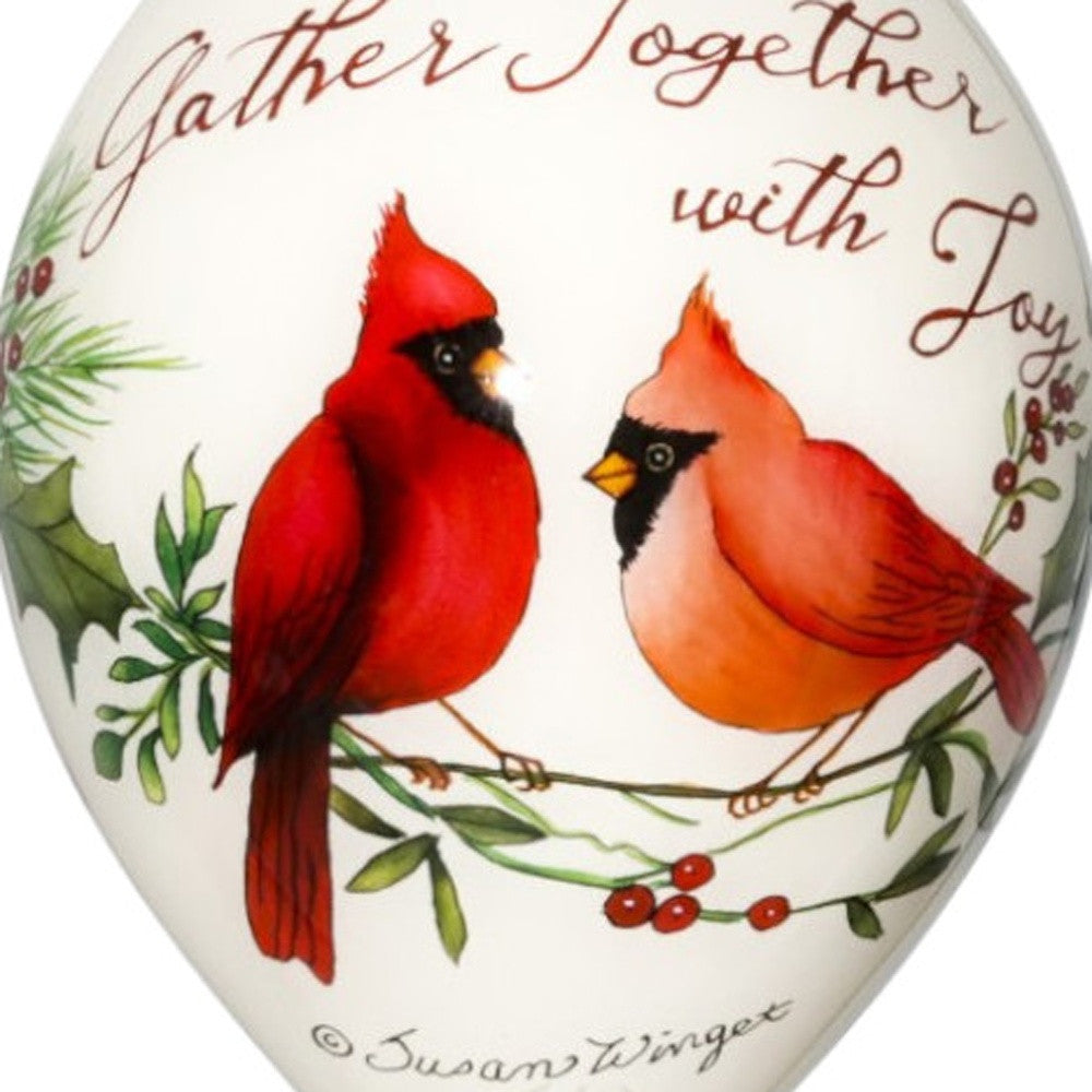 LuxxHomes  Gather Together With Joy Cardinals Hand Painted Mouth Blown Glass Ornament