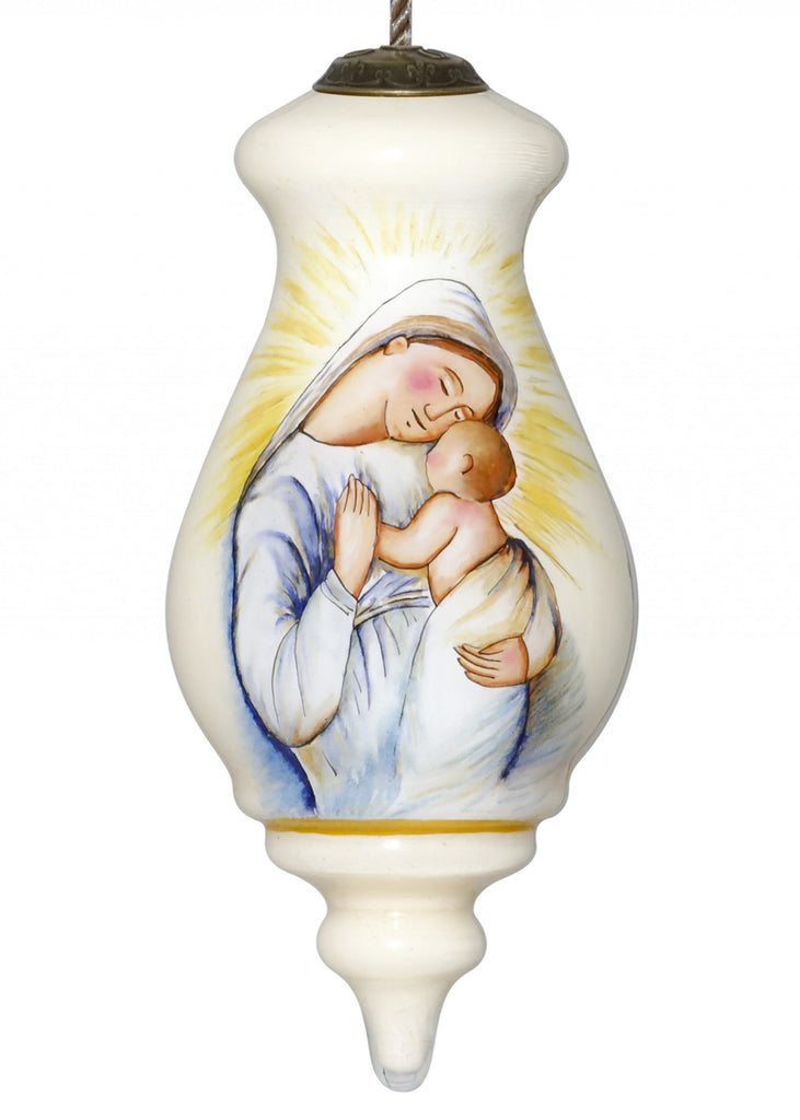 LuxxHomes  Mother Mary with Baby Hand Painted Mouth Blown Glass Ornament