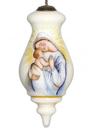 LuxxHomes  Mother Mary with Baby Hand Painted Mouth Blown Glass Ornament