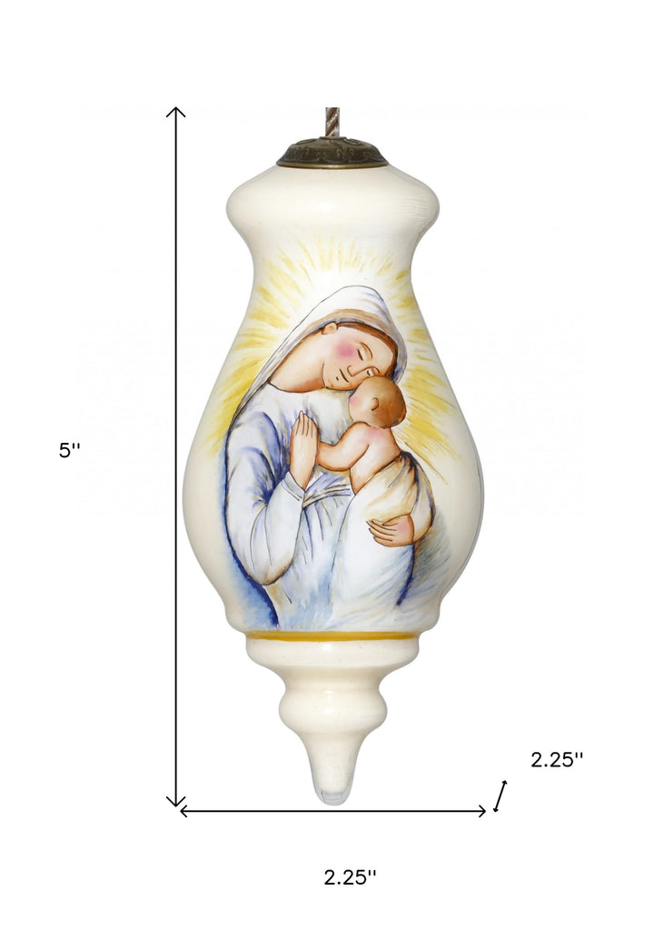 LuxxHomes  Mother Mary with Baby Hand Painted Mouth Blown Glass Ornament