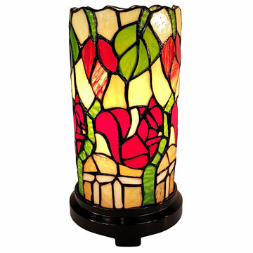 14" Red Green and Black Floral Stained Glass Accent Lamp