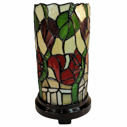 14" Red Green and Black Floral Stained Glass Accent Lamp