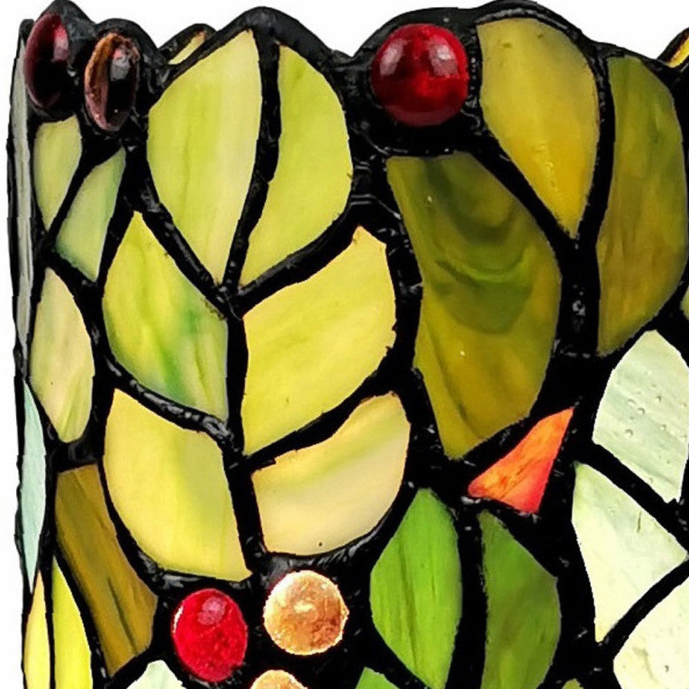 11" Green and Red Leaves and Berries Stained Glass Accent Lamp