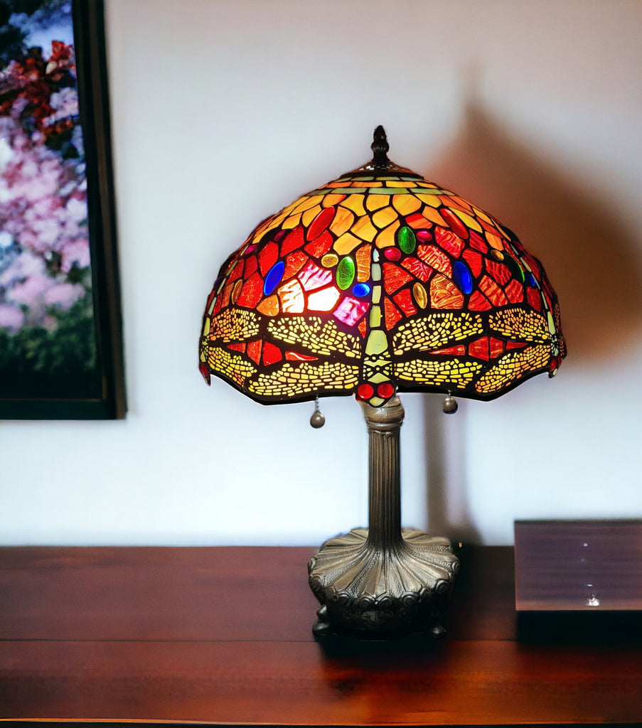 22" Dark Brown Metal Two Light Candlestick Table Lamp With Red and Black Shade