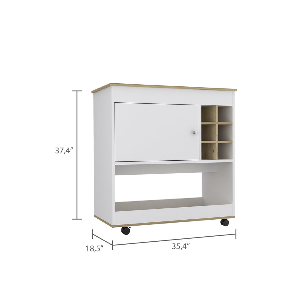 Brown and White Rolling Bar Cart With Wine Storage