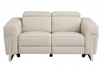 65" Beige And Silver Italian Leather Power Reclining Loveseat