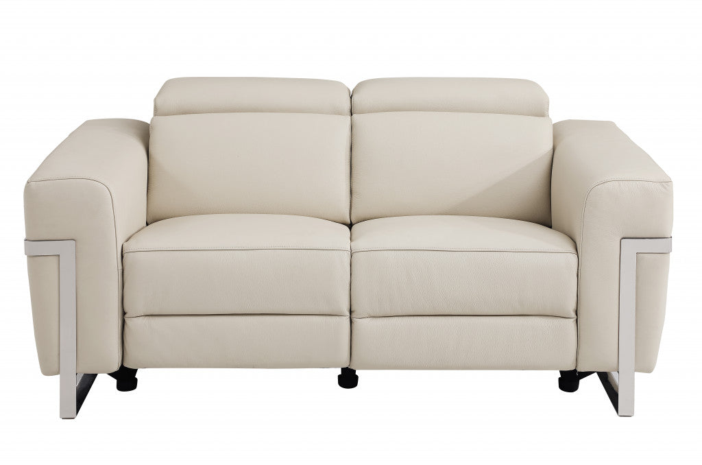 65" Beige And Silver Italian Leather Power Reclining Loveseat