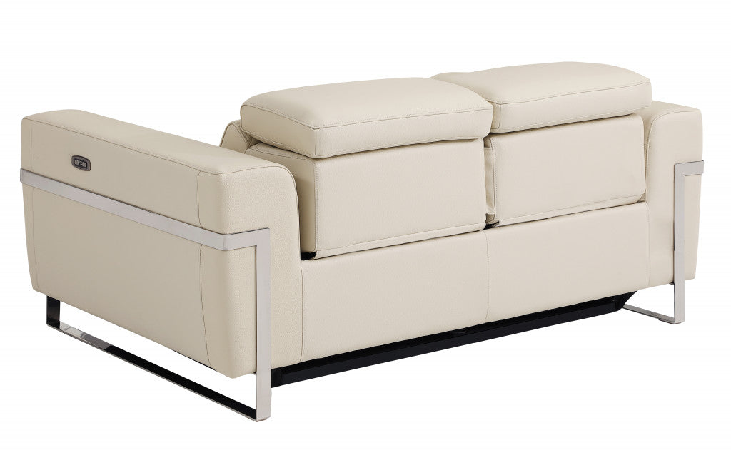 65" Beige And Silver Italian Leather Power Reclining Loveseat